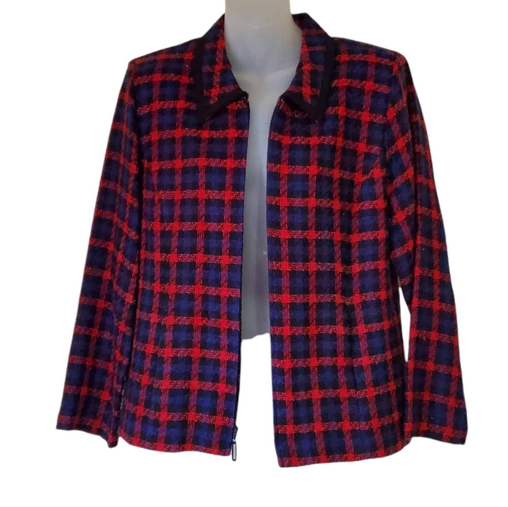 SAG HARBOR Casual Ware Red & Blue Plaid Shacket Zip Front Womens Petite Medium - Picture 2 of 6